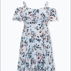 Light blue floral gauze cold shoulder handkerchief mini dress